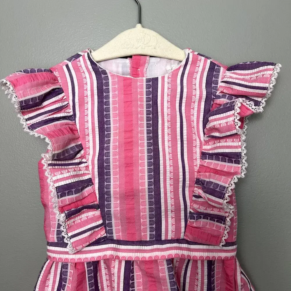 Vintage 70's Pinafore Dress Toddler Girl's Pink Purple Ruffle Stripe Summer Mini